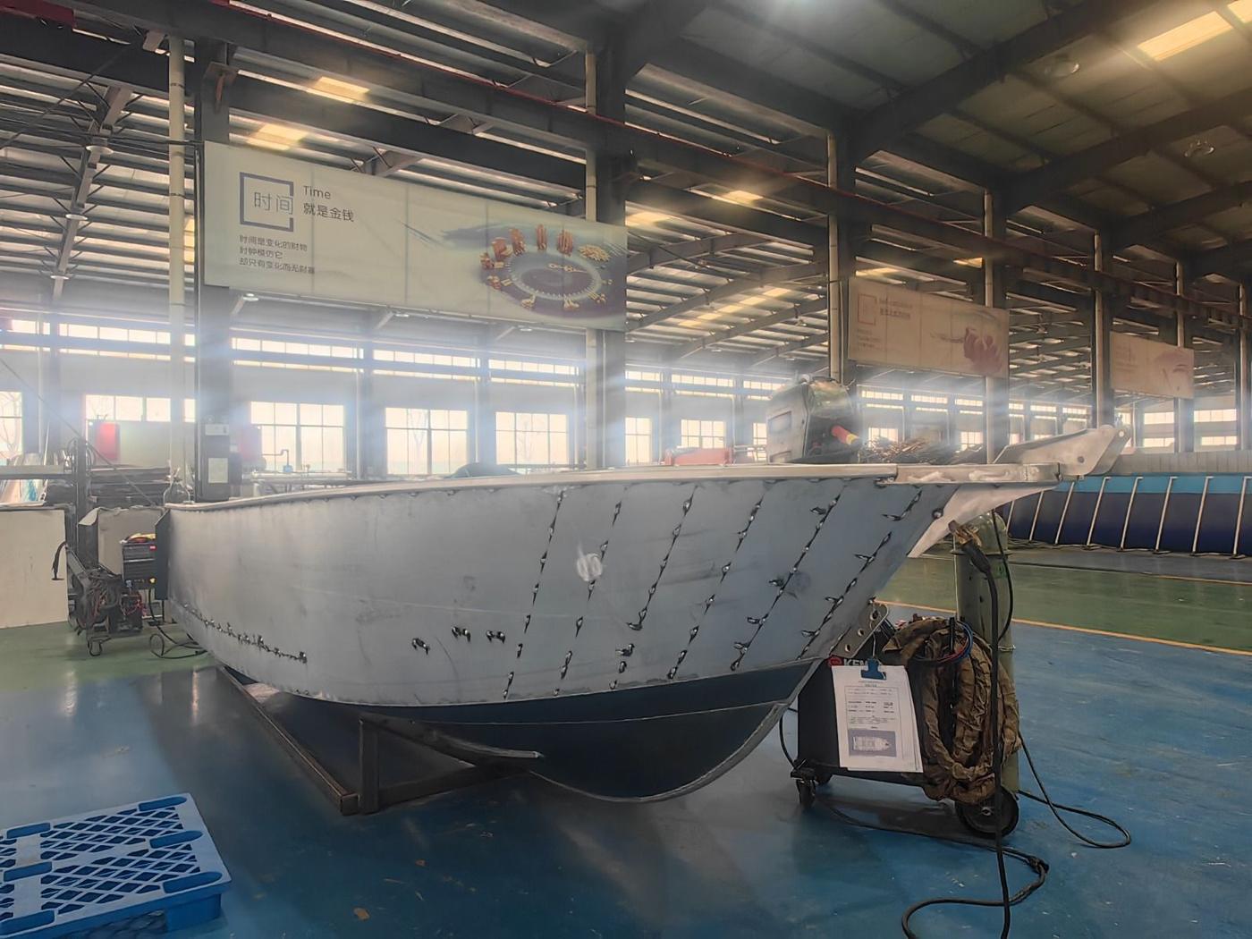 Aluminium hull being prepared for fit-out at Gospel Boats